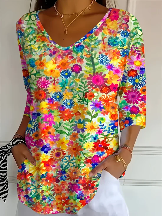 Casual Floral V Neck Three Quarter Sleeve T-shirt