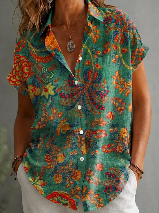 Shirt Collar Short Sleeve Floral Printing Regular Micro-Elasticity Loose Button Up Shirt Shirt For Women