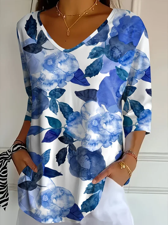 Casual Floral V Neck Three Quarter Sleeve T-shirt