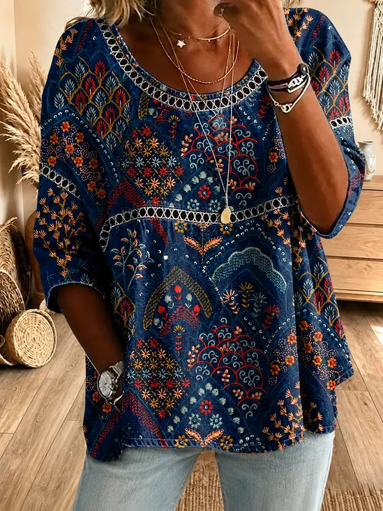 Crew Neck Half Sleeve Ethnic Geometry Regular Micro-Elasticity Loose Graphic Tee Blouse For Women