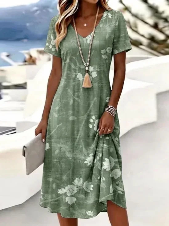 Women Floral Summer Dress V Neck Short Sleeve T-Shirt Dress A-Line Dress