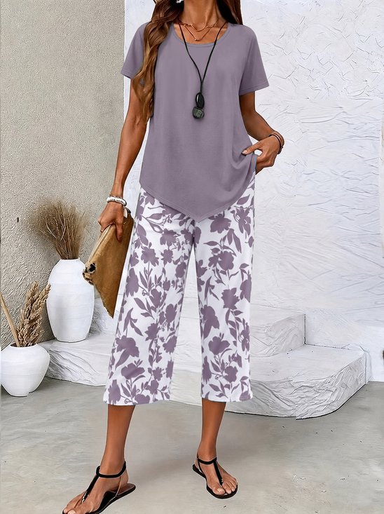 Women Plain Two-Piece Set Daily Short Sleeve Casual Summer Top With Pants Matching Set