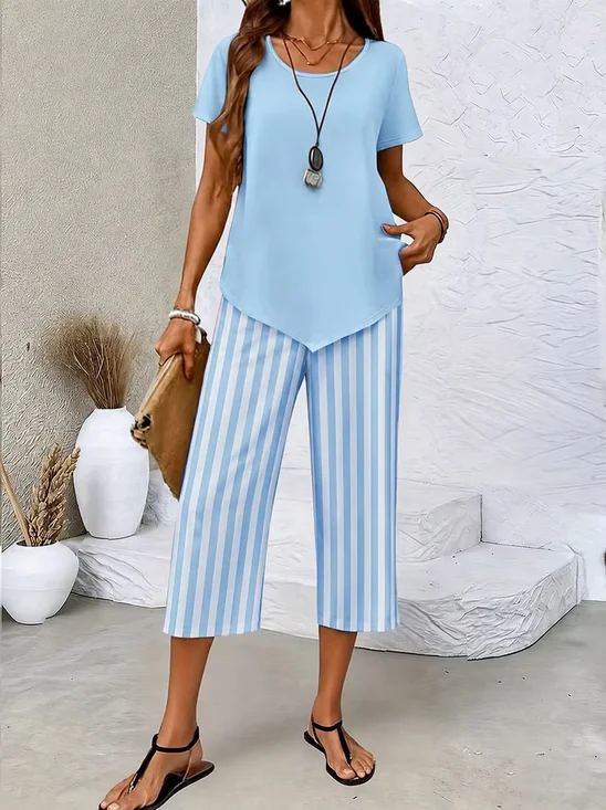 Women Plain Two-Piece Set Daily Short Sleeve Casual Summer Top With Pants Matching Set