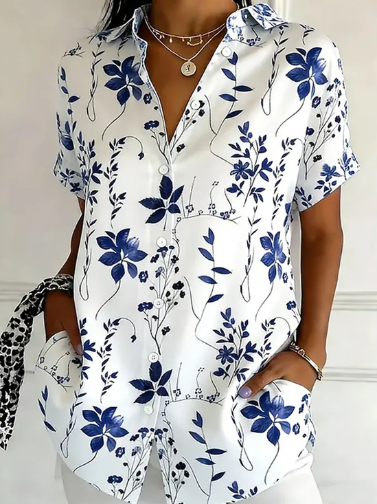 Shirt Collar Short Sleeve Floral Printing Regular Micro-Elasticity Loose Button Up Shirt Shirt For Women