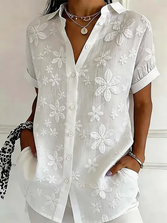Shirt Collar Short Sleeve Floral Printing Regular Micro-Elasticity Loose Button Up Shirt Shirt For Women