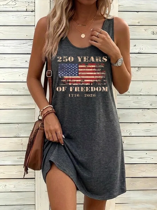 Women America Flag Summer Dress Crew Neck Sleeveless Tank A-Line Dress