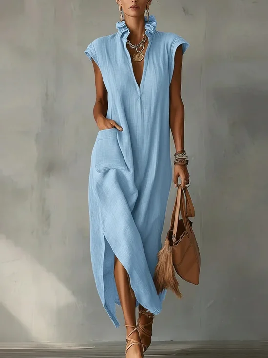 Women Plain Summer Dress V Neck Cap Sleeve A-Line Dress