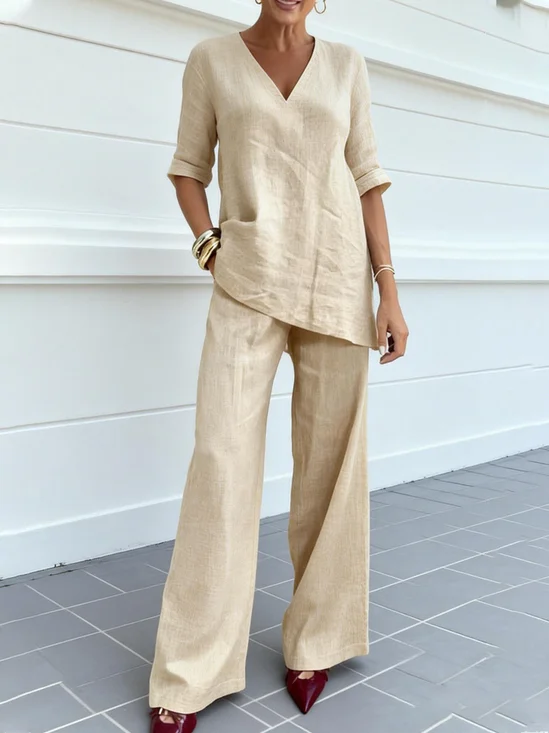 Women Plain Two-Piece Set Daily Half Sleeve Casual Summer Top With Pants Matching Set