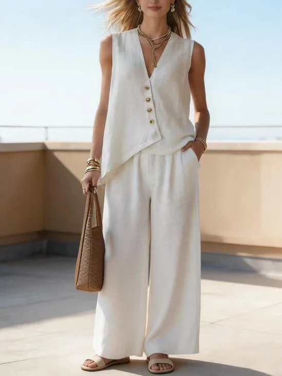 Women Plain Two-Piece Set Daily Sleeveless Casual Summer Top With Pants Matching Set