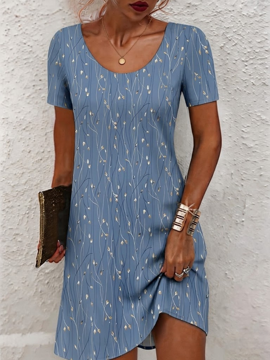 Women Leaf Summer Dress Crew Neck Short Sleeve Tunic H-Line Dress