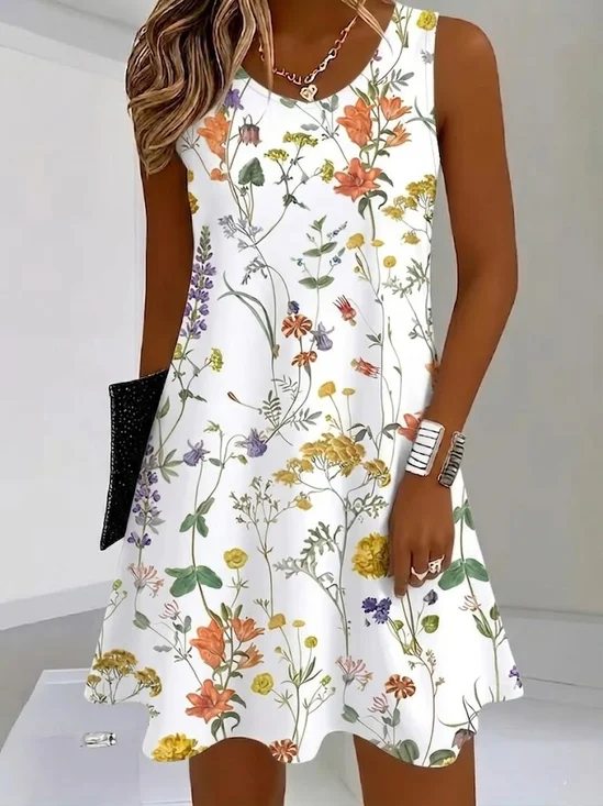 Women Floral Summer Dress Crew Neck Sleeveless Tank A-Line Dress
