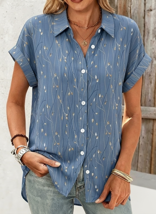 Shirt Collar Short Sleeve Leaf Regular Micro-Elasticity Loose Button Up Shirt Shirt For Women