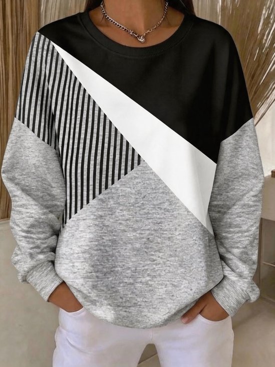 Casual Crew Neck Striped Sweatshirt