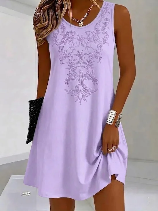 Women Floral Summer Dress Crew Neck Sleeveless Tank A-Line Dress