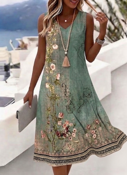 Women Floral Summer Dress V Neck Sleeveless Tank A-Line Dress