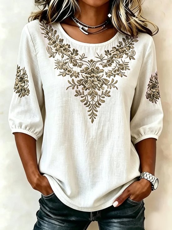 Crew Neck Half Sleeve Floral Printing Regular Micro-Elasticity Loose Blouse For Women