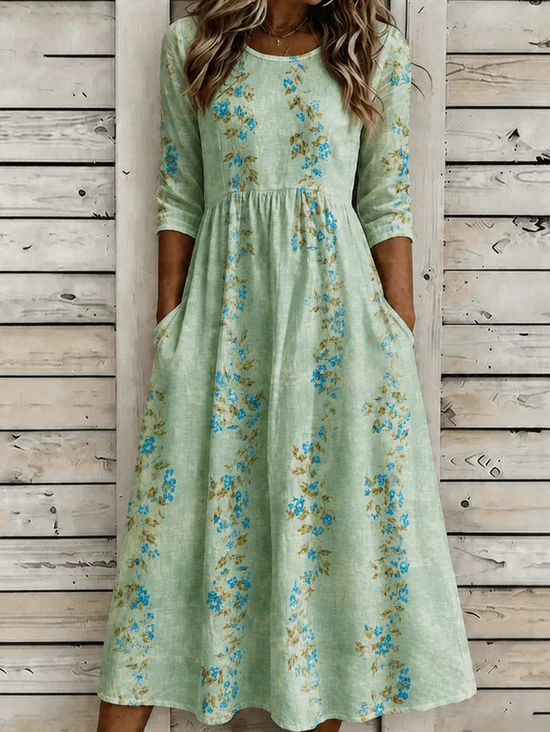 Women Floral Summer Dress Crew Neck Half Sleeve T-Shirt Dress A-Line Dress
