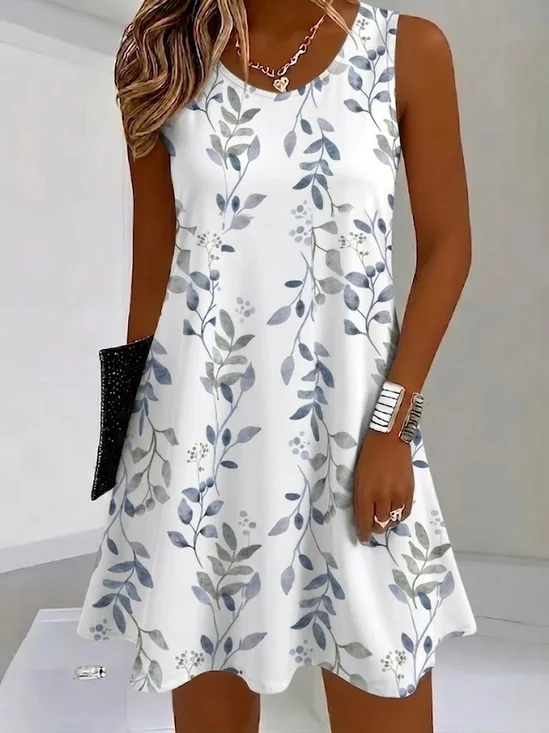 Women Leaf Summer Dress Crew Neck Sleeveless Tank A-Line Dress