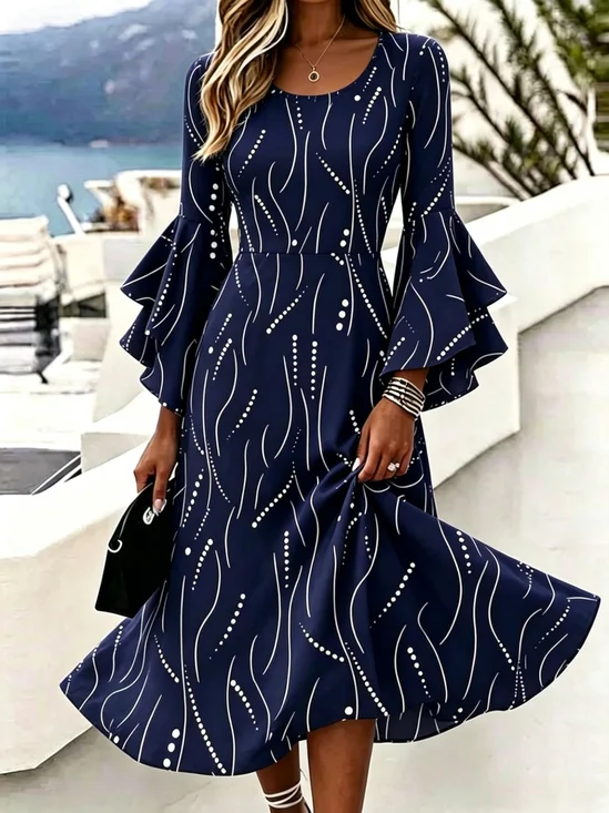 Women Striped Bell Sleeve Summer Dress V Neck Half Sleeve A-Line Dress