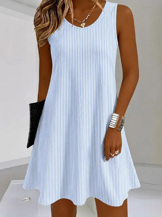 Women Striped Summer Dress Half Open Collar Sleeveless Fit & Flare Dress A-Line Dress