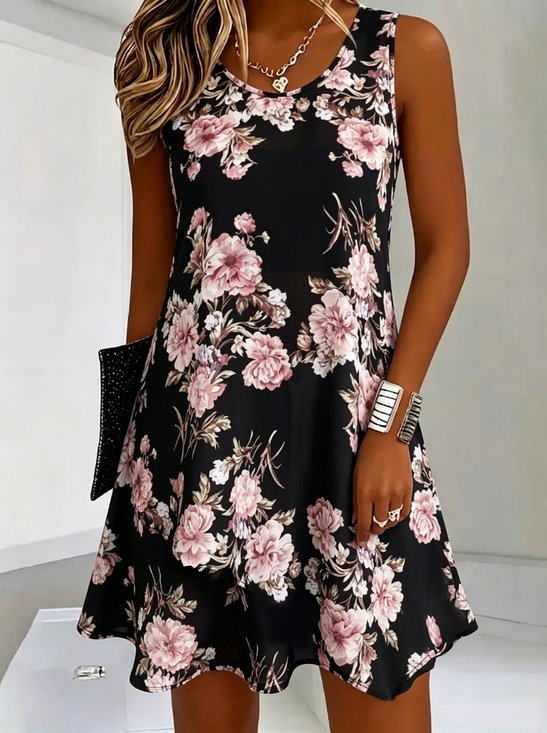 Women Floral Summer Dress Half Open Collar Sleeveless Fit & Flare Dress A-Line Dress