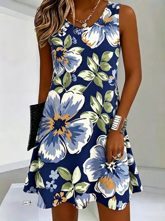 Women Floral Summer Dress Half Open Collar Sleeveless Fit & Flare Dress A-Line Dress
