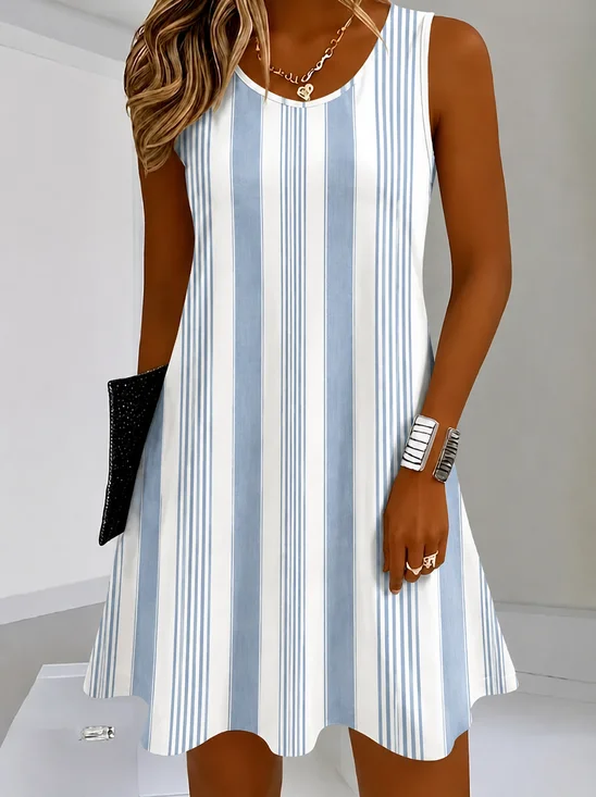 Women Striped Summer Dress Half Open Collar Sleeveless Fit & Flare Dress A-Line Dress