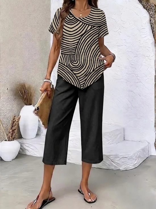 Women Abstract Printing Two-Piece Set Daily Short Sleeve Casual Summer Top With Pants Matching Set