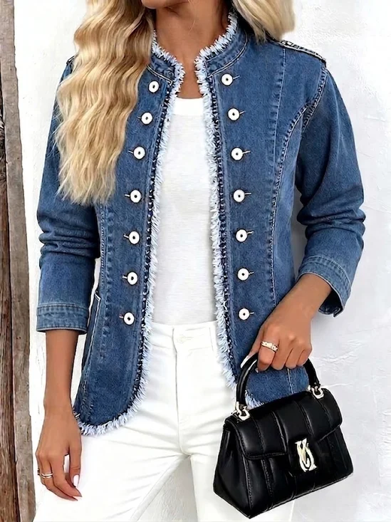 Women Spring/Fall Outerwear Vintage Plain Long Sleeve Mock Neck Jacket