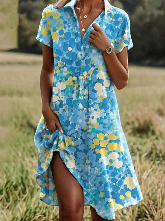 Women Abstract Polka Dots Summer Dress Shirt Collar Short Sleeve A-Line Dress