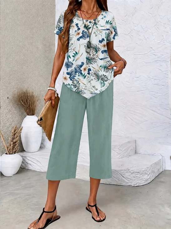 Women Plain Two-Piece Set Daily Short Sleeve Casual Summer Top With Pants Matching Set