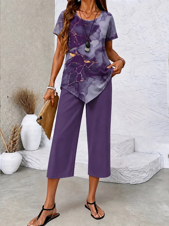 Women Plain Two-Piece Set Daily Short Sleeve Casual Summer Top With Pants Matching Set