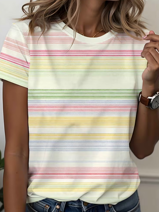 Casual Striped Crew Neck Short Sleeve T-shirt