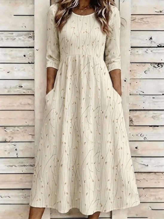 Women Leaf Summer Dress Crew Neck Half Sleeve A-Line Dress