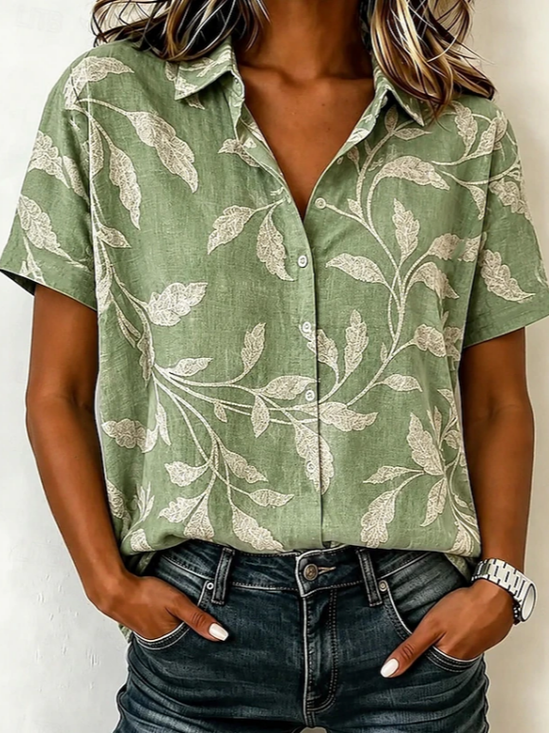 Shirt Collar Short Sleeve Leaf Printing Regular Micro-Elasticity Loose Button Up Shirt Shirt For Women