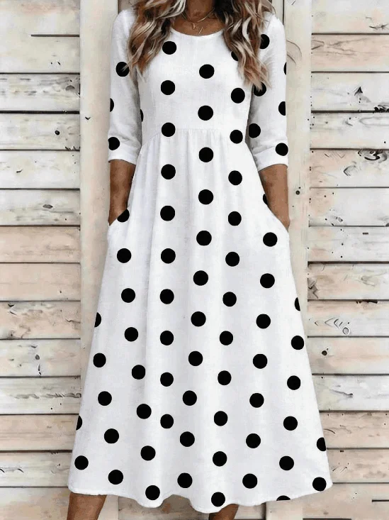 Women Polka Dots Summer Dress Crew Neck Half Sleeve A-Line Dress