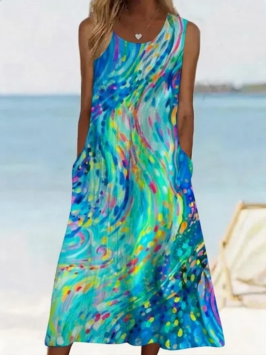 Women Abstract Summer Dress Crew Neck Sleeveless Tank A-Line Dress