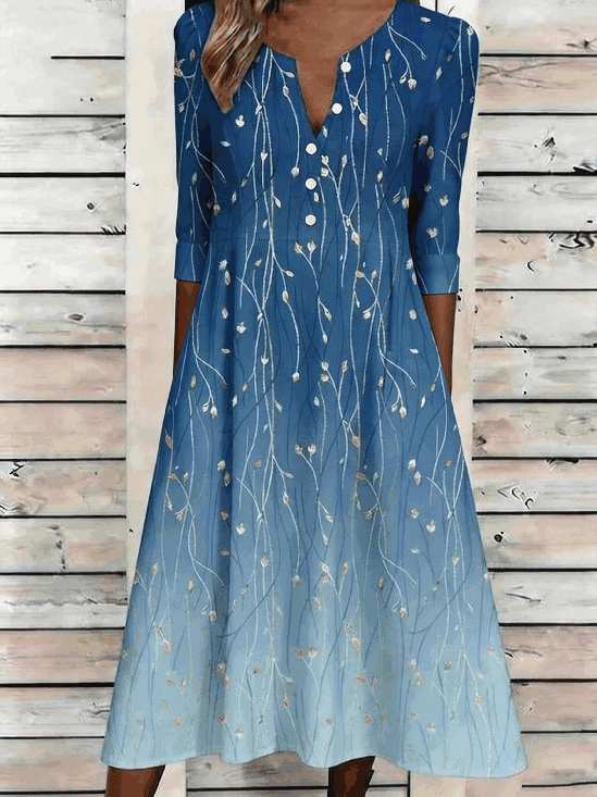 Women Floral Summer Dress Half Open Collar Half Sleeve A-Line Dress