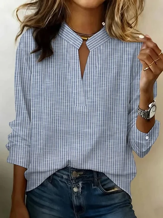 V Neck Long Sleeve Striped Printing Regular Micro-Elasticity Regular Fit Blouse For Women