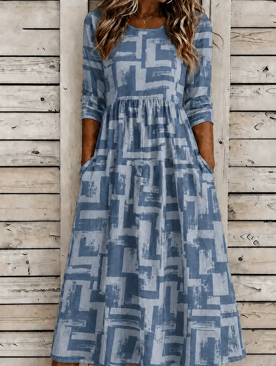 Women Abstract Graphic Summer Dress Crew Neck Half Sleeve T-Shirt Dress A-Line Dress