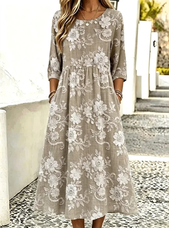 Women Floral Summer Dress Crew Neck Half Sleeve H-Line Dress
