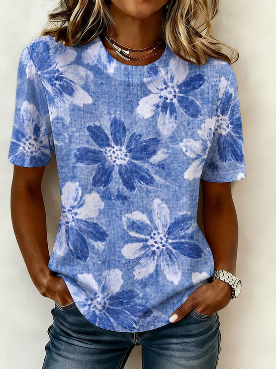 Casual Floral Pattern Crew Neck Short Sleeve T-shirt
