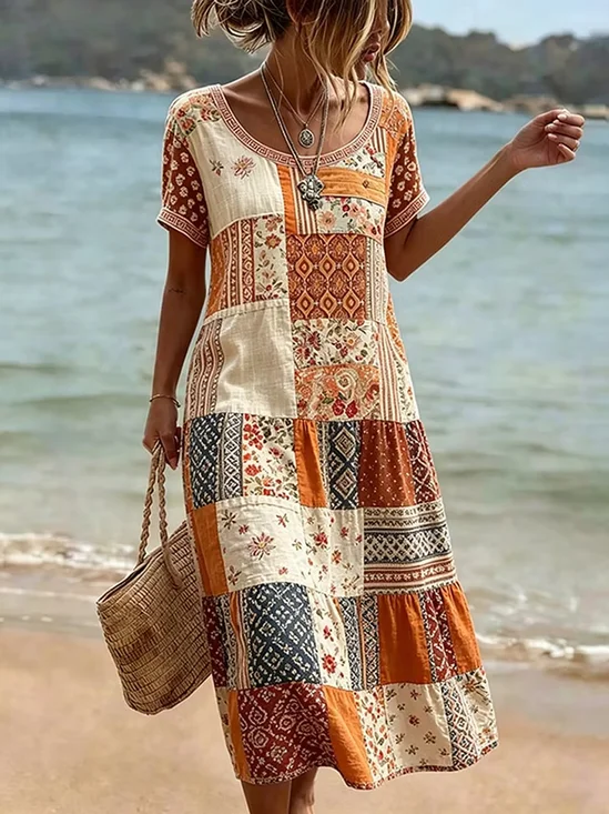Women Color Block Summer Dress Crew Neck Short Sleeve T-Shirt Dress A-Line Dress