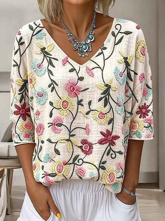 Vintage Floral V Neck Three Quarter Sleeve T-shirt
