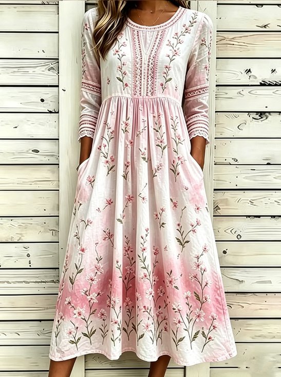 Women Floral Pattern Summer Dress Crew Neck Half Sleeve T-Shirt Dress A-Line Dress
