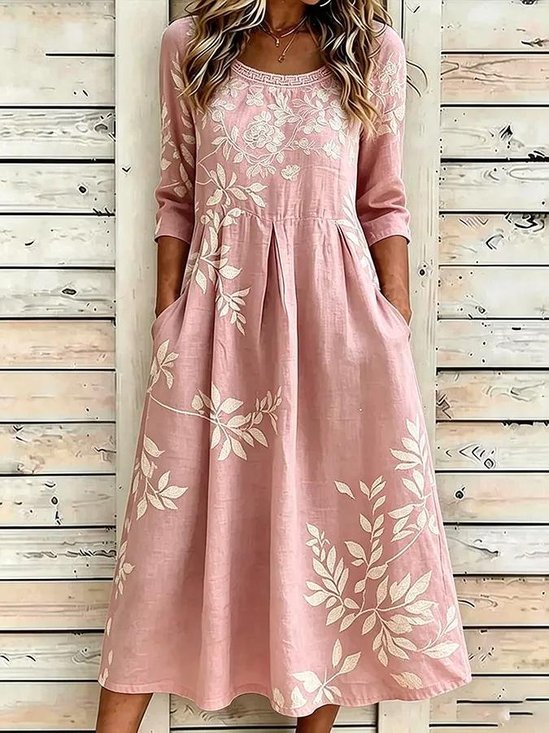 Women Plants Summer Dress Crew Neck Half Sleeve T-Shirt Dress A-Line Dress