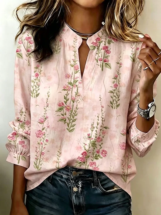 V Neck Long Sleeve Floral Printing Regular Micro-Elasticity Regular Fit Blouse For Women