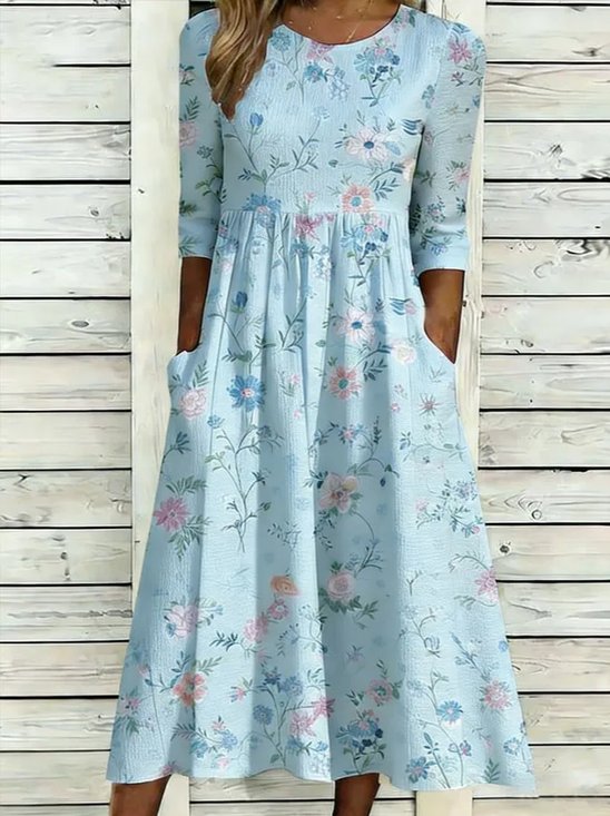 Women Floral Pattern Summer Dress Crew Neck Half Sleeve T-Shirt Dress A-Line Dress