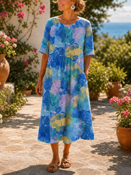 Women Abstract Polka Dots Summer Dress Crew Neck Half Sleeve T-Shirt Dress A-Line Dress