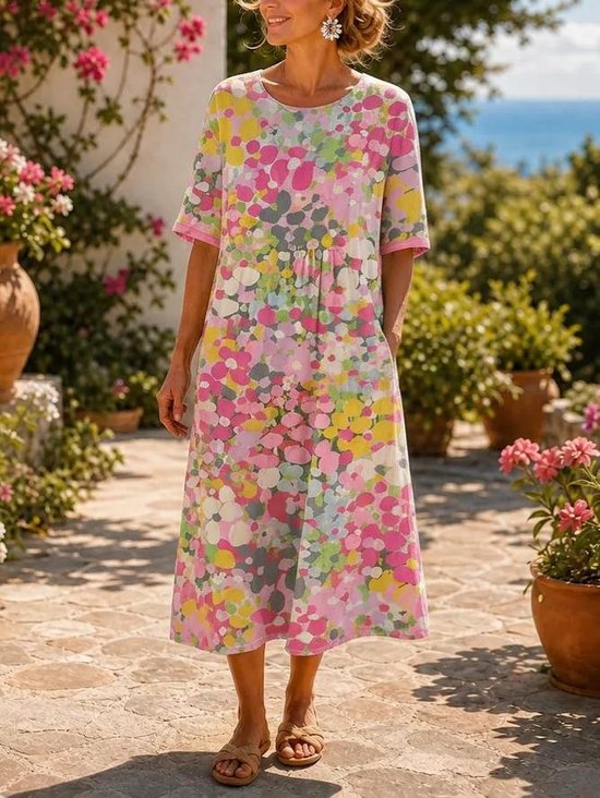 Women Abstract Polka Dots Summer Dress Crew Neck Half Sleeve T-Shirt Dress A-Line Dress